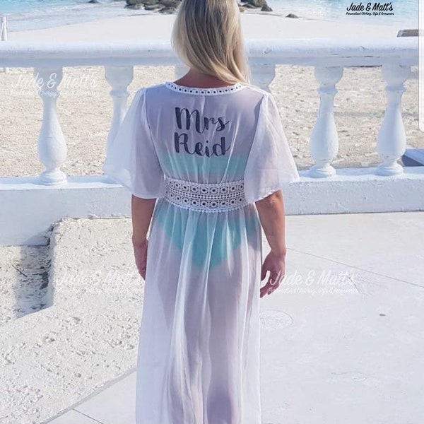 White Kaftan, personalised beach bride to be, bride, future mrs, swimwear, beachwear, bikini cover up, dress, maxi, cover up, wedding