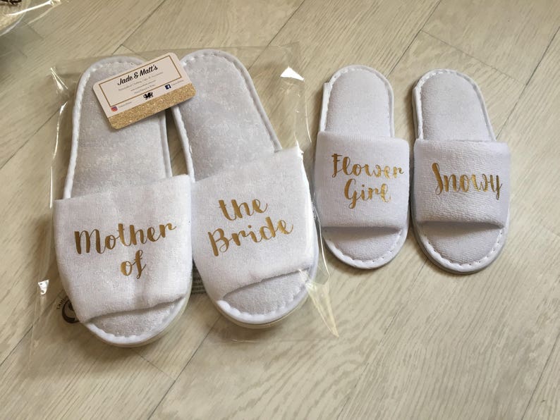 Gepersonaliseerde kinderslippers, bloemenmeisje, bruidsmeisje, bruiloft, bruid, wit, spa-slippers, bruidsmeisje, gepersonaliseerd, handdoek, baby, kinderen afbeelding 8