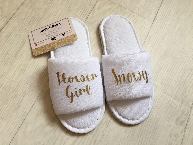 Children's Personalised Slippers, Flower girl, bridesmaid, Wedding, Bride, White, spa slippers, bridesmaid, personalized, towel, baby, kids image 6