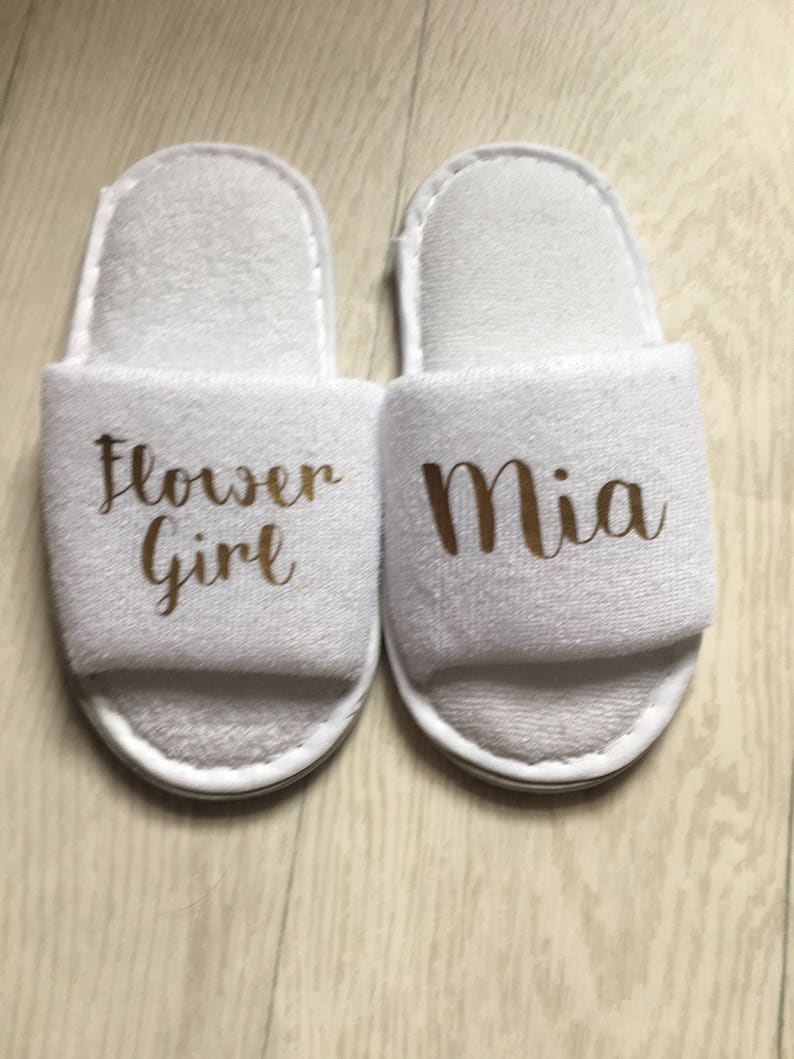 Children's Personalised Slippers, Flower girl, bridesmaid, Wedding, Bride, White, spa slippers, bridesmaid, personalized, towel, baby, kids image 3