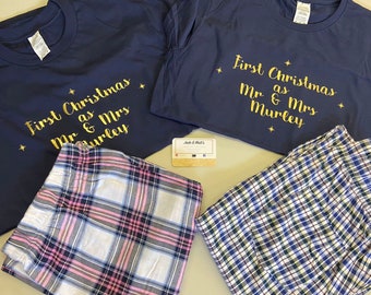 First Christmas as Mr & Mrs pjs, Navy, Personalised, Tartan Pyjamas, gift, bride to be, couple PJ Set, couples set, matching pjs