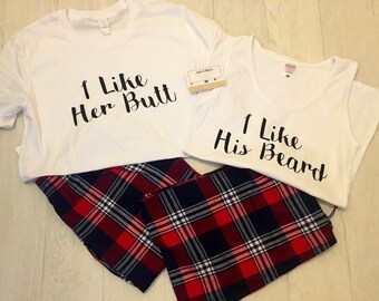 Butt Beard His & hers Pjs, Couples Matching Pjs, Personalised, beard pjs, butt pjs, Mr and Mrs, Tartan Pyjamas, gift, bride to be, PJ Set