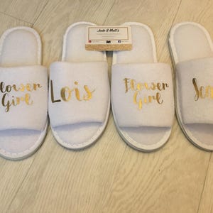 Children's Personalised Slippers, Flower girl, bridesmaid, Wedding, Bride, White, spa slippers, bridesmaid, personalized, towel, baby, kids image 2