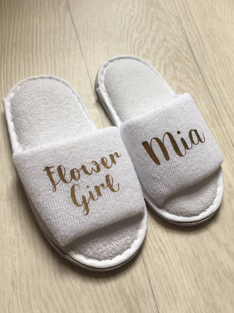 Children's Personalised Slippers, Flower girl, bridesmaid, Wedding, Bride, White, spa slippers, bridesmaid, personalized, towel, baby, kids image 5