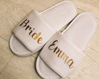 Bride Slippers, Personalised, Bridal, wedding, open toe, hen do, wedding party, bridesmaid, mother of the bride groom, spa, towelling