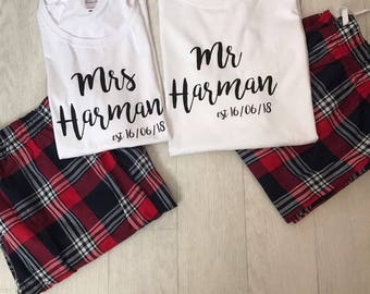 Mr & Mrs pjs, personalised pjs, Matching Pjs, Personalised, Mr and Mrs, Tartan Pyjamas, gift, bride to be, bride gift, PJ Set, couples set