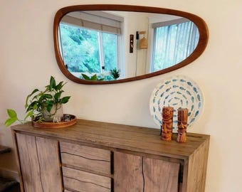 Wabi Sabi Large Mirror, Solid Wood Irregular Wall Mirror with Warm Walnut Finish