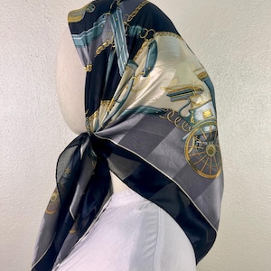 Freeshipping Vintage silk scarves black / elegant french style/ 90s  scarves silk material size 34 inches Sz1155