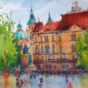 Ljubljana Slovenia Watercolor Painting: Preseren Square Art