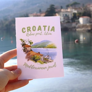 Carte de voeux de Rabac, Istrie, Croatie, impression d'art peinture originale, impression de voyage croate, cadeau souvenir européen, arts méditerranéens