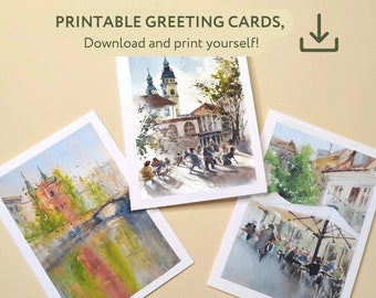 Printable greeting cards Ljubljana coffee shops (3 cards), Slovenia Ljubljana bridge, Prešeren square watercolor painting cards