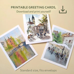 Cartões de felicitações para impressão Cafés Ljubljana (3 cartões), Eslovênia Ponte Ljubljana, Cartões quadrados de pintura em aquarela de Prešeren