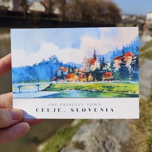 Postal de Celje, Eslovenia, postales de ciudades europeas, regalo de recuerdo de viaje, obra de arte de acuarela del artista esloveno, Castillo en el río de la colina