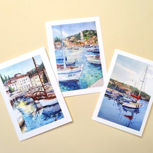 Set di biglietti d'auguri per la costa slovena (Abbazia croata e Hvar, Pirano sloveno), stampa d'arte, souvenir della Croazia Slovenia, regalo di viaggio