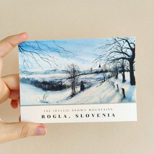 Postal europea del paisaje invernal, impresión de arte de las montañas nevadas, arte de la acuarela del recuerdo del regalo del viaje de Europa, montañas de los árboles eslovenos Rogla