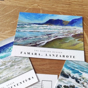 Set di cartoline della costa europea 3, Canarie Lanzarote Furteventura, souvenir di viaggio in Europa, opere d'arte oceaniche a guazzo Onde dell'oceano che si infrangono sulle rocce