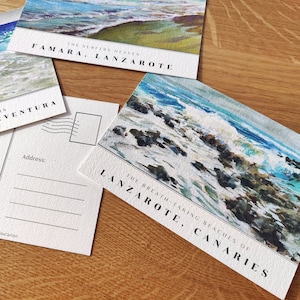 Set di cartoline delle Isole Canarie 3, Canarie Lanzarote Furteventura, souvenir di viaggio in Europa, opere d'arte oceaniche a guazzo, onde dell'oceano sulla spiaggia estiva