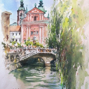 Franciscan Church Ljubljana Slovenia: Original Watercolor Painting (14x20)