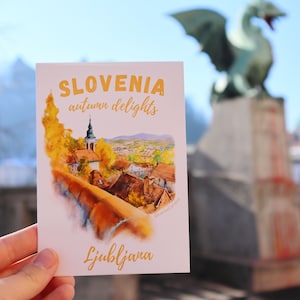 Wenskaart Ljubljana Slovenië, Sloveens reissouvenircadeau, aquarelafdruk, toeristische souvenirs, oranje warme kleuren, kunst Europese steden