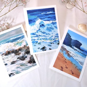 Set prints oceaankunst | Wenskaartenset | Spaanse kunstafdrukken | Decorafdrukken strandhuis | Oceaangolven op het strand | Kanariekunst