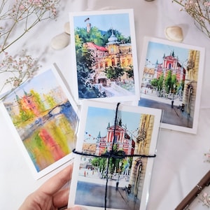 Tarjetas de felicitación de Ljubljana Eslovenia, Impresión de bellas artes de pintura original, Regalo de viaje de recuerdo Conjunto de 3, acuarela de ciudades europeas
