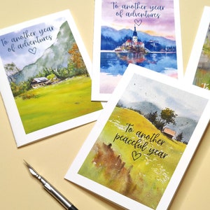 Lot de 4 cartes de voeux nature, carte de joyeux anniversaire, cadeau d'art aquarelle pour elle, montagnes lac de Bled, Bohinj, Ljubljana