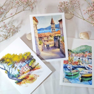 Impresiones de arte de la costa de Europa Croacia Dalmacia Card Set (Hvar, Makarska riviera, Jelsa), Regalo de recuerdo de viaje, Artista europeo, Envoltura de regalo
