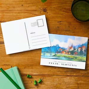 Celje, postal de recuerdo de Eslovenia, postales de ciudades europeas, regalo de viaje, obra de arte de acuarela del artista esloveno, Castillo en el río de la colina
