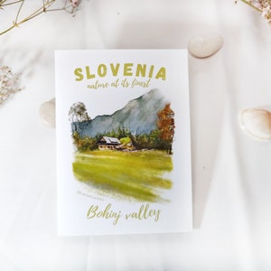 Tarjeta de felicitación de Bohinj, Eslovenia / Pintura original impresa en bellas artes / Impresión de Eslovenia / Recuerdo de viaje / Regalo de viaje / Tarjeta de agradecimiento