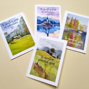 Lot de 4 cartes de voeux nature, carte de joyeux anniversaire, cadeau d'art aquarelle pour elle, montagnes lac de Bled, Bohinj, Ljubljana