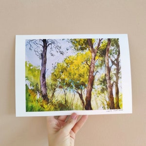 Paesaggio naturale mediterraneo con pini, stampa artistica da parete estiva, poster acquerello, regalo di inaugurazione della casa, souvenir impressionista, foresta