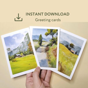 3 cartões de felicitações para impressão Eslovênia, lago Bled, vale Bohinj, natureza e montanhas, cartão de agradecimento, impressões de paisagens em aquarela pequenas