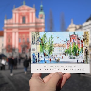 Eslovenia Ljubljana Postal de la ciudad europea, Impresiones de ciudades de Europa, Regalo de viajero Postales recuerdo Artista esloveno Obra de arte en acuarela