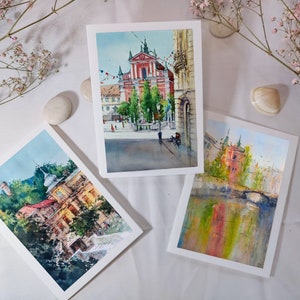 Conjunto de tarjetas de felicitación de Liubliana, Eslovenia, impresión de arte de viaje a partir de obras de arte originales en acuarela, pequeño regalo de Europa, recuerdo de la ciudad europea