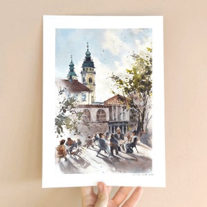 Ljubljana coffee shops, Slovenia Travel Print Art poster, Home décor Wall art print hanging, European city wall art watercolor