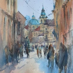 Original watercolor of Ljubljana Prešeren Square, European city originals, Colorful architecture