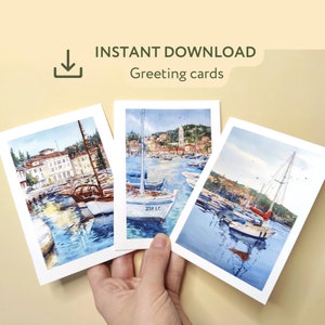 Druckbare Grußkarten Boote im Hafen, Nautische Kunst Set mit 3 Grußkarten, Kroatien Opatija, Slowenien Piran, Segelboote Aquarellmalerei