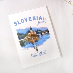 Tarjeta de felicitación del castillo del lago Bled, Eslovenia / Pintura original impresa en bellas artes / Impresión de Eslovenia / Recuerdo de viaje / Regalo de viaje