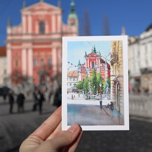Ljubljana Slowenien Grußkarte, Reisekunstdruck, Aquarellkunstwerk, handgefertigtes Reise-Souvenir aus Europa, Preseren platz