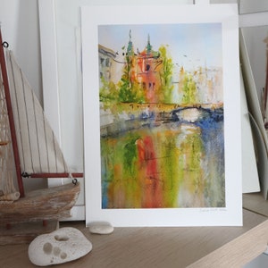 Ljubljana Slovenia Watercolor Art Print: European City Wall Decor