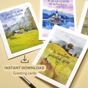 Conjunto de 3 cartões comemorativos para impressão Eslovênia, Lago Bled, Vale Bohinj, Cartão de agradecimento pela natureza e montanhas, Cartão de feliz aniversário