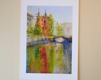 Ljubljana bridge Slovenia Travel Print Art poster, Home décor Wall art print hanging, European city wall art watercolor, A4 Frame-ready