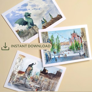 Tarjetas de felicitación imprimibles Eslovenia Liubliana (3 tarjetas), Puente del Dragón de Liubliana, Tarjeta de pintura de acuarela cuadrada Prešeren, Descarga instantánea