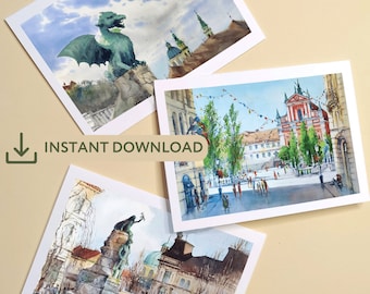 Printable greeting cards Slovenia Ljubljana (3 cards), Ljubljana Dragon bridge, Prešeren square watercolor painting card, Instant download