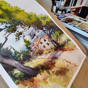 Pittura ad acquerello originale della natura selvaggia croata, arte dipinta a mano, piccolo artista, arte murale di viaggio impressionista dell'Europa mediterranea
