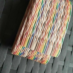 Peut inclure: Un objet rectangulaire composé de nombreux fils parallèles, fins et beiges, chacun avec une rayure de couleur différente. Les couleurs comprennent le rouge, l'orange, le jaune, le vert, le bleu et le violet. Les fils sont étroitement liés.