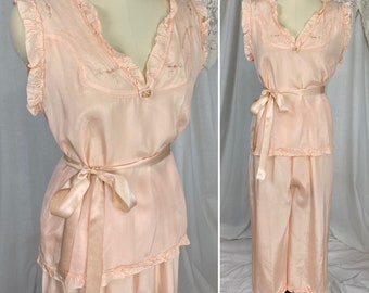 Vintage 1920's - 1930's Pajama Set | Pale Rose Pink Silk with Embroidery & Ruffled Detail | Size S, M