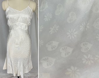 Vintage 1940's Slip | Pearly White Rayon Satin with Hearts & Flowers Damask Pattern | Multiple Sizes - XS, S/M, LG/XL | Never Worn