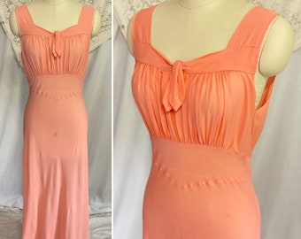 Vintage 1940's Nightgown | Sheer Coral Pink Rayon Crepe with Gathered Bust | Size XS, S, M | Tru Glo - Never Worn