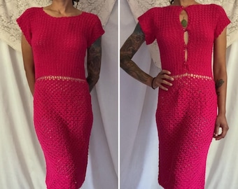Vintage 1950' - 1960's Wiggle Dress | Hot Fuchsia Pink Hand Crochet Cotton with Rhinestone Buttons | Size S, M